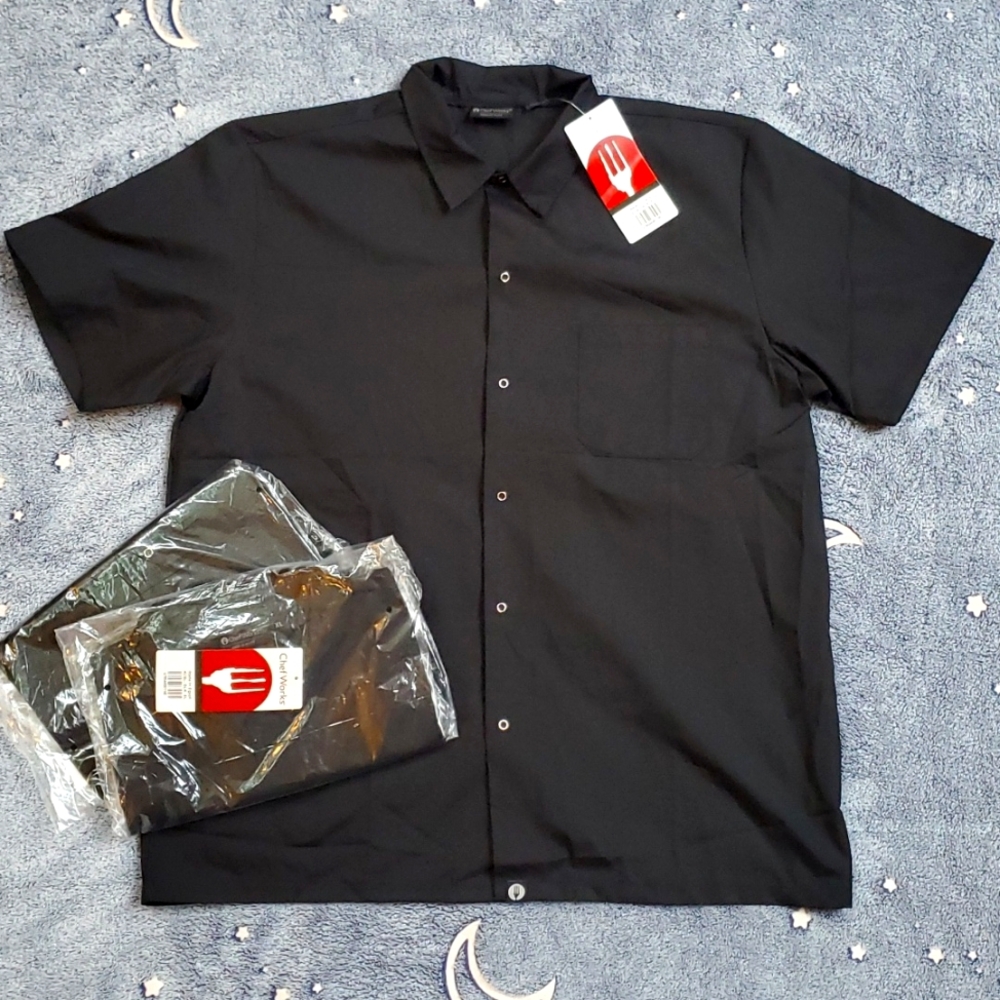 3 ChefWorks Mens XL Utility Cook Chef Uniform Shirts Black Snap Button Collared